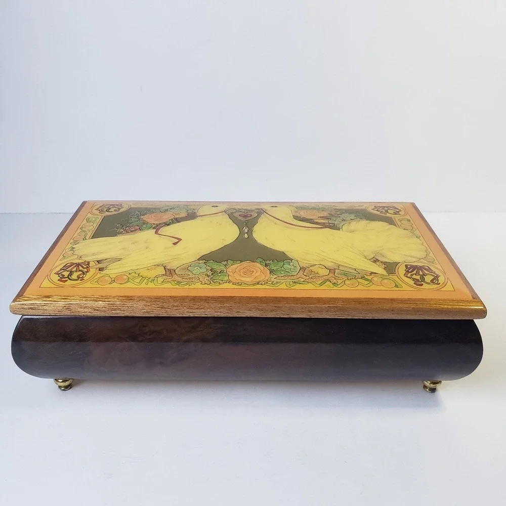 Vintage Reuge Swiss Musical Movement Lefton Jewelry Box Glossy Wood with Doves